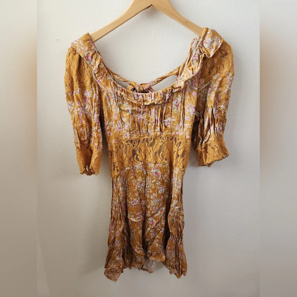 Free People Lucie Mini Dress Antique Coin Combo Mustard Yellow Open Back Size 2
